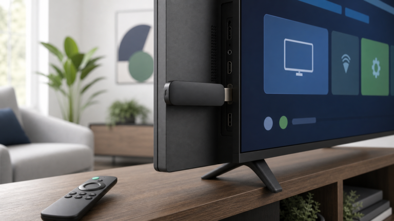 Android TV Stick am HDMI-Anschluss eines Fernsehers mit Fernbedienung