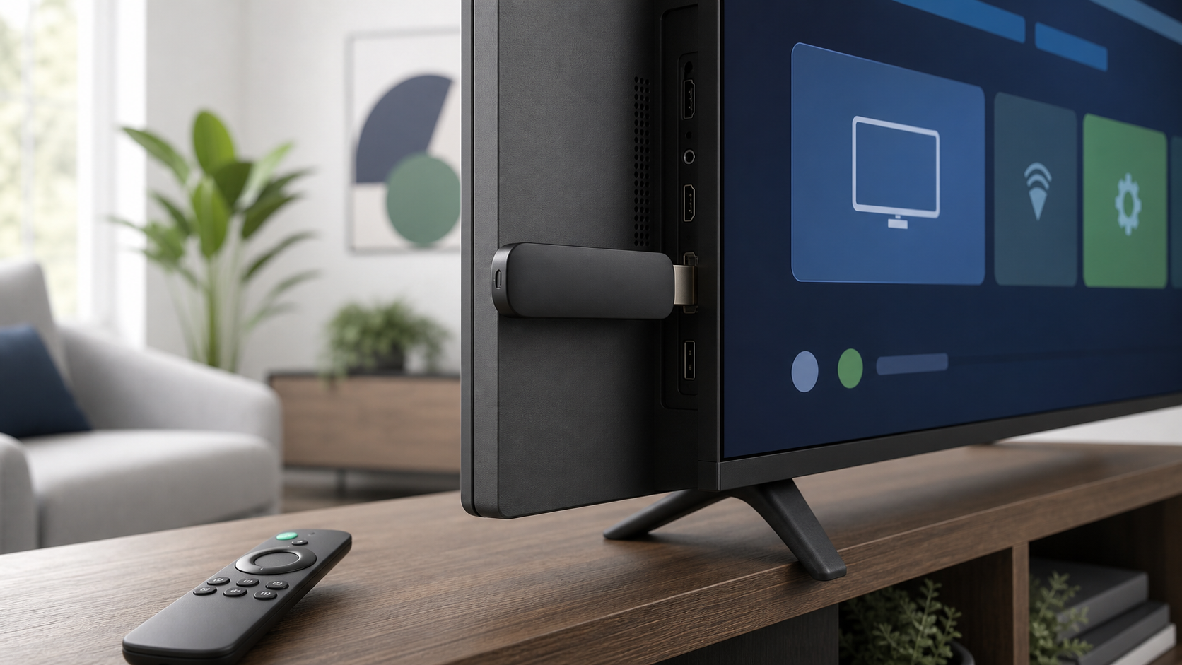 Android TV Stick am HDMI-Anschluss eines Fernsehers mit Fernbedienung