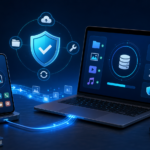 Illustration eines Smartphones und Laptops für sicheren Datentransfer und Backup