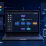 Illustration einer Diagrammsoftware mit Flussdiagramm, Netzwerkplan und Organigramm