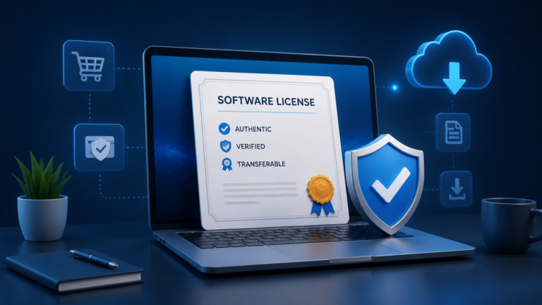 Laptop mit Lizenzzertifikat, Download-Symbolen und Schutzschild